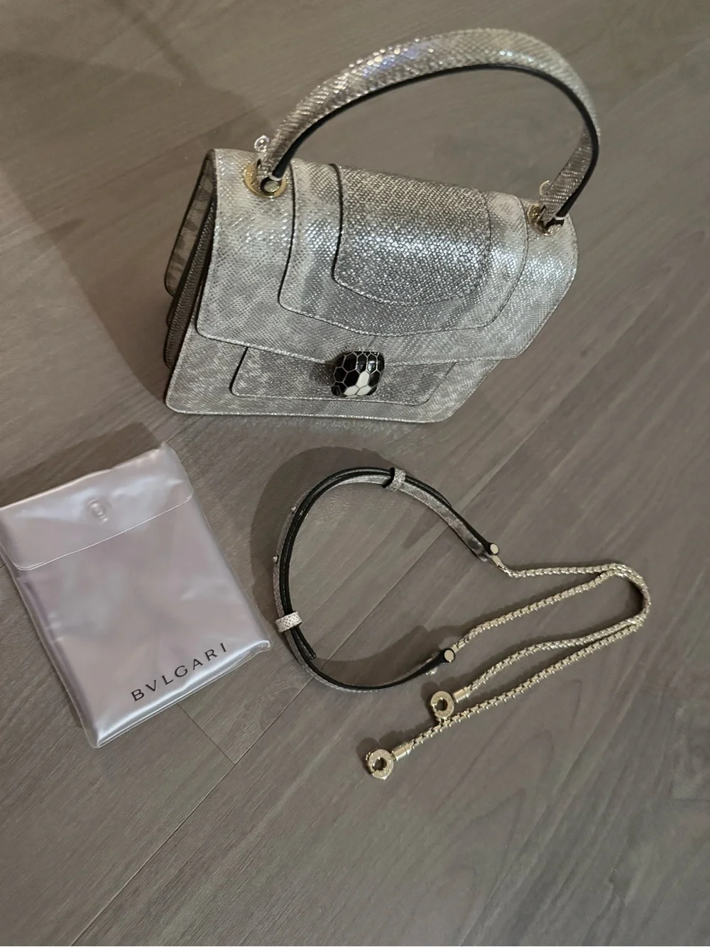 Bulgari Metallic Silver Top-Handle Satchel with Snakehead Clasp